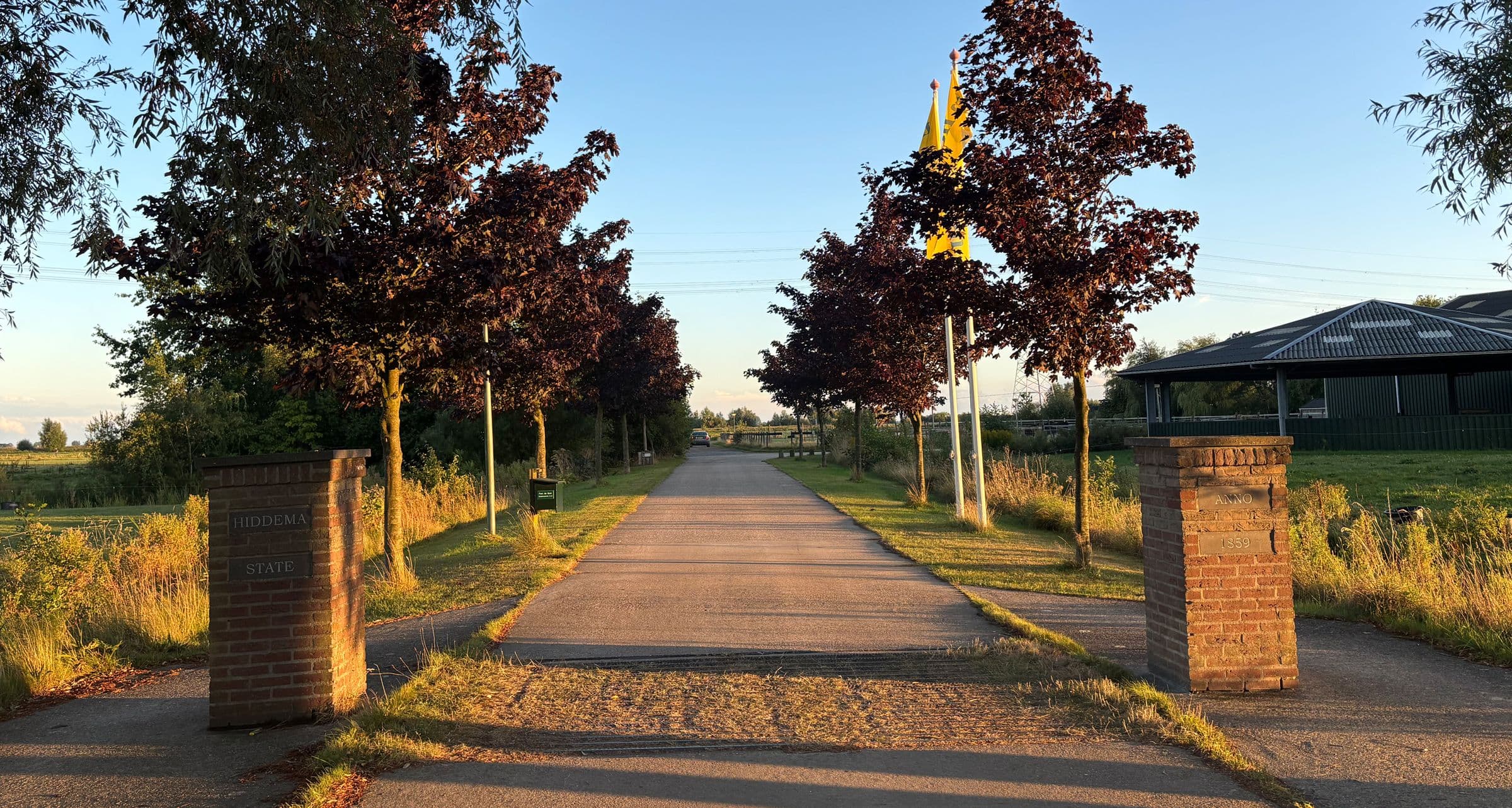 De oprijlaan naar Hiddema State in het avondlicht, met jonge bomen en bakstenen zuilen bij de ingang.
